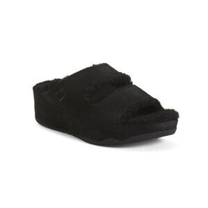 FITFLOP All Black Shuv Two Bar Shearling Lined Suede Slides